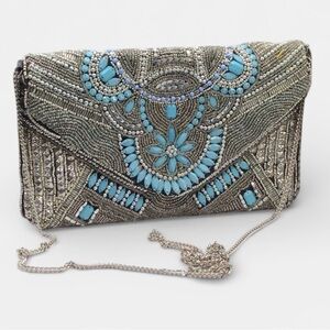 Atmosphere Beaded Crossbody Clutch Blue Silver Boho